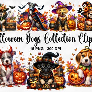 Aquarell Halloween Hunde Sammlung Clipart, 15 PNG Halloween Clipart, niedliche Halloween Tiere Clipart, Tier PNG Bündel, kommerzielle Nutzung