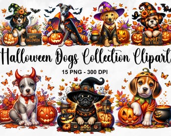 Watercolor Halloween Dogs Collection Clipart, 15 PNG Halloween Clipart, Cute Halloween Animals Clipart, Animal PNG Bundle, Commercial Use