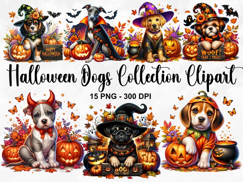 Watercolor Halloween Dogs Collection Clipart, 15 PNG Halloween Clipart ...