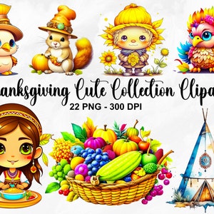Watercolor Thanksgiving Cute Collection Clipart, 22 PNG Thanksgiving Feast Clipart, Thanksgiving Bundle, Autumn Clipart, Commercial Use
