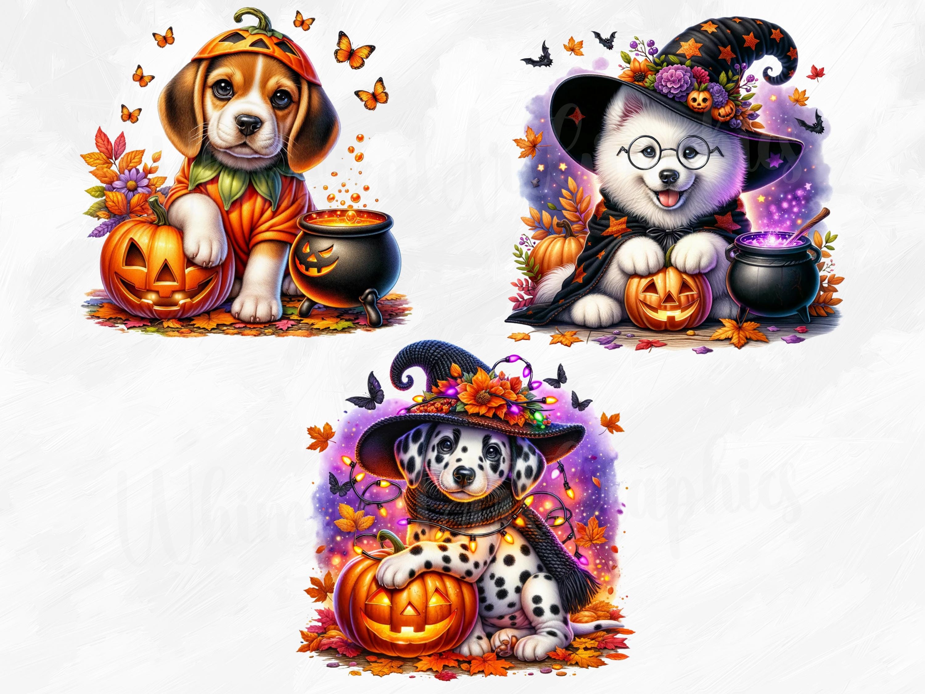 Watercolor Halloween Dogs Collection Clipart, 15 PNG Halloween Clipart ...