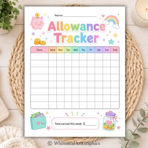 May include: A printed allowance tracker sheet featuring a pastel color palette, a pink piggy bank, a rainbow, and a grid for chores and days of the week. The text reads Allowance Tracker and Total earned this week: $. It includes illustrations of a wallet and a jar.