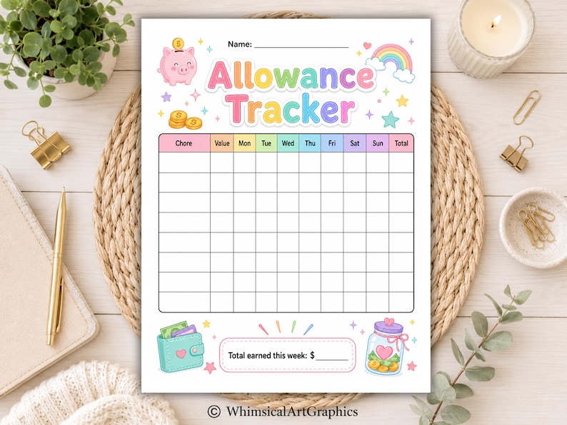May include: A printed allowance tracker sheet featuring a pastel color palette, a pink piggy bank, a rainbow, and a grid for chores and days of the week. The text reads Allowance Tracker and Total earned this week: $. It includes illustrations of a wallet and a jar.
