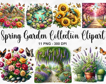 Watercolor Spring Garden Collection Clipart, 11 PNG Spring Floral Clipart, Spring Garden Illustrations, Garden Clipart, Commercial Use