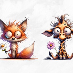 May include: A cartoon fox and giraffe with large eyes, both holding a flower. The fox is orange and white, and the giraffe is brown and yellow with a spotted pattern.