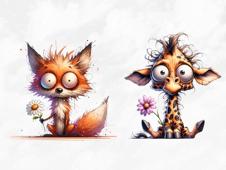 May include: A cartoon fox and giraffe with large eyes, both holding a flower. The fox is orange and white, and the giraffe is brown and yellow with a spotted pattern.