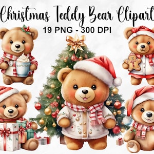 Acquerello Natale Teddy Bear Clipart, 19 PNG Holiday Teddy Bear Clipart, Natale Teddy Bear PNG, Christmas Bear PNG, Uso commerciale