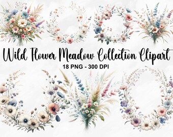 Watercolor Wild Flower Meadow Collection Clipart, 18 PNG Elegant Blooms Clipart, Botanical Wild Flowers Clipart, Flower PNG, Commercial Use