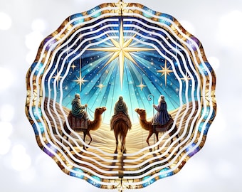 May include: Three wise men riding camels under a bright star in a blue and gold stained glass style. The star is surrounded by smaller stars and rays of light.