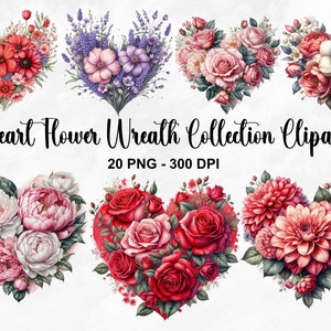 Aquarell Herz Blumen Kranz Clipart, 20 PNG Valentinstag Clipart, Blumen Herz Clipart, Valentinstag Herz Clipart, kommerzielle Nutzung