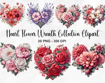 Puede incluir: Una colección de 20 coronas de flores en forma de corazón en varios colores, incluyendo rojo, rosa, blanco y morado. Las coronas están hechas de diferentes tipos de flores, como rosas, peonías y lavanda. La imagen está etiquetada como "Heart Flower Wreath Collection Clipart 20 PNG - 300 DPI".