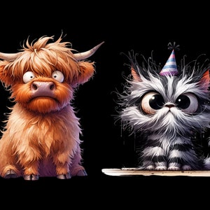 May include: A brown and white Highland cow with a surprised expression stands next to a black and white cat wearing a blue and pink party hat. The cat has a surprised expression and is sitting on a wooden surface.