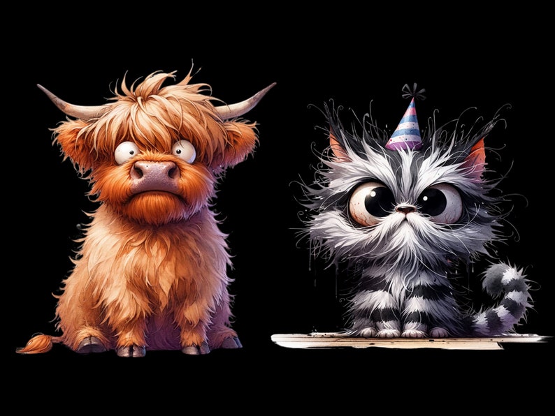 May include: A brown and white Highland cow with a surprised expression stands next to a black and white cat wearing a blue and pink party hat. The cat has a surprised expression and is sitting on a wooden surface.