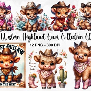 Aquarel schattige Western Highland koeien clipart, 12 PNG lente bloemen clipart, baby koe PNG, baby koe clipart bundel, commercieel gebruik
