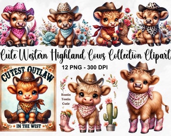 Acquerello carino Western Highland mucche Clipart, 12 PNG fiori primaverili Clipart, Baby Cow PNG, Baby Cow Clipart Bundle, uso commerciale
