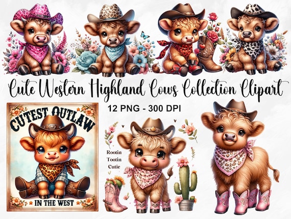 Watercolor Cute Western Highland Cows Clipart, 12 PNG Spring Flowers Clipart, Baby Cow PNG, Baby Cow Clipart Bundle, Commercial Use