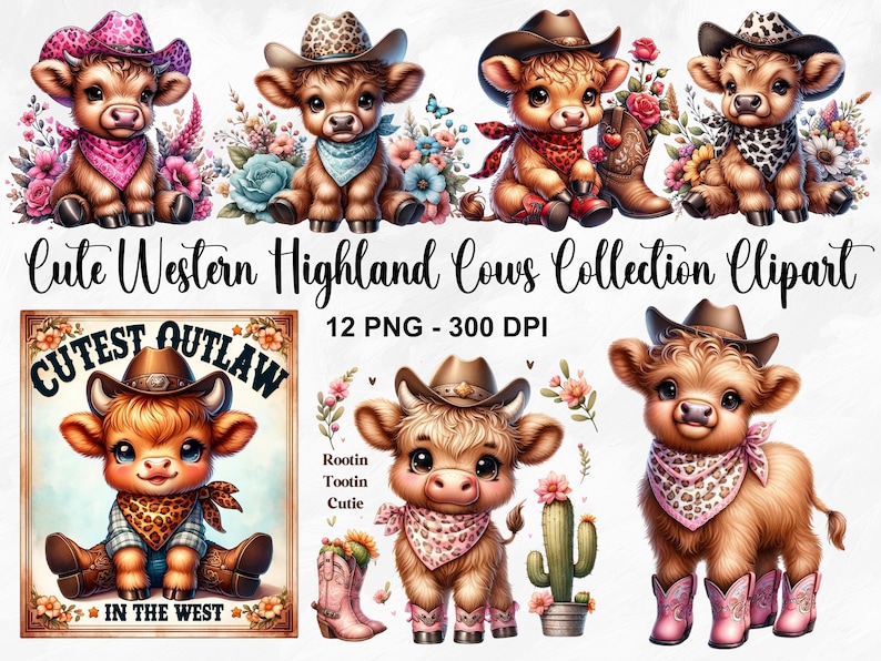 Puede incluir: Una colecci&oacute;n de 12 im&aacute;genes de clipart digital que presentan adorables vacas Highland occidentales con sombreros de vaquero y bandanas. Las vacas est&aacute;n en varias poses, algunas con flores y cactus. El texto "CUTEST OUTLAW" y "IN THE WEST" est&aacute;n en un letrero. El texto "Rootin Tootin Cutie" est&aacute; en un letrero con un par de botas de vaquero rosas.