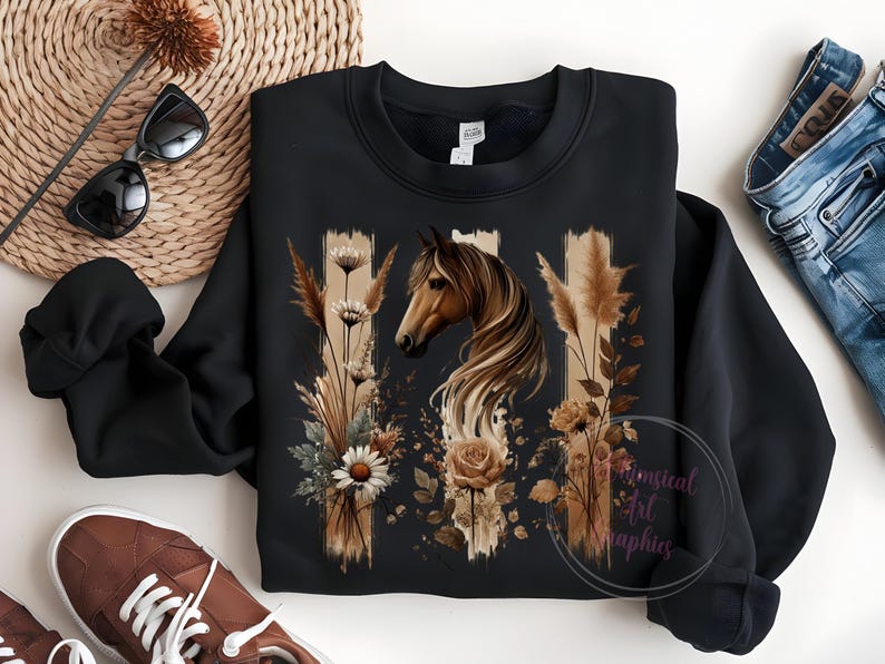 May include: Black sweatshirt with a brown horse and floral design. The horse is surrounded by brown and white flowers and grasses. The design is on a black background with white stripes.