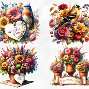 May include: Four floral arrangements with a Mother's Day theme. The top left arrangement features a bluebird perched on a heart-shaped sign that reads "Happy Mother's Day". The top right arrangement features a yellow bird perched on a bouquet of flowers. The bottom left arrangement features a bouquet of flowers in a terracotta pot with a heart-shaped sign that reads "Happy Mother's Day". The bottom right arrangement features three bouquets of flowers in terracotta pots with a banner that reads "Happy Mother's Day".