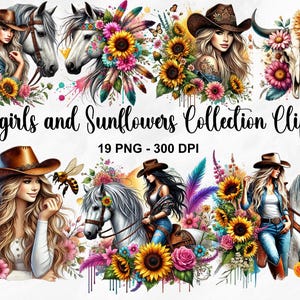 Watercolor Cowgirls and Sunflowers Collection Clipart, 19 PNG Pink Flowers, Sunflower PNG, Tattoo Girl, Horse PNG Bundle, Commercial Use