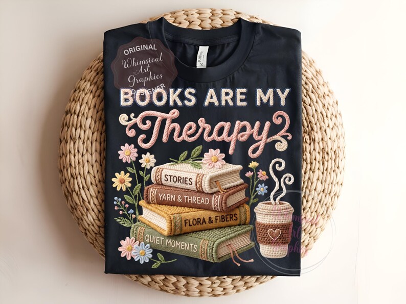 May include: Black t-shirt with the text "BOOKS ARE MY Therapy" in pink and white script. The design includes a stack of books, flowers, and a coffee cup. The books have titles like "STORIES" and "YARN & THREAD".