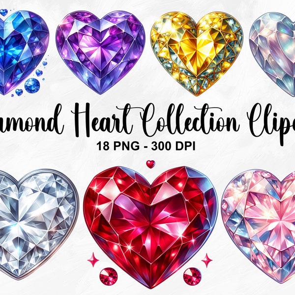 Watercolor Diamond Heart Collection Clipart, 18 PNG Valentines Day Clipart, Valentines Day Bundle, Heart Diamond PNG, Commercial Use