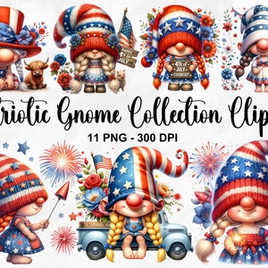 Aquarelle patriotique Gnome Collection Clipart, 11 PNG Memorial Day Clipart, 4 juillet PNG, jour des anciens combattants, Gnomes PNG Bundle, usage Commercial