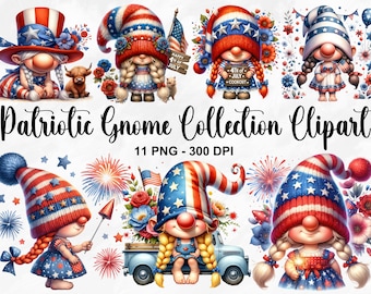 Watercolor Patriotic Gnome Collection Clipart, 11 PNG Memorial Day Clipart, 4th Of July PNG, Veteran Day, Gnomes PNG Bundle, Commercial Use