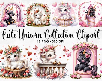 Watercolor Cute Unicorn Collection Clipart, 12 PNG Magic Unicorn Clipart, Princess Unicorn Clipart, Kawaii Unicorn, Commercial Use