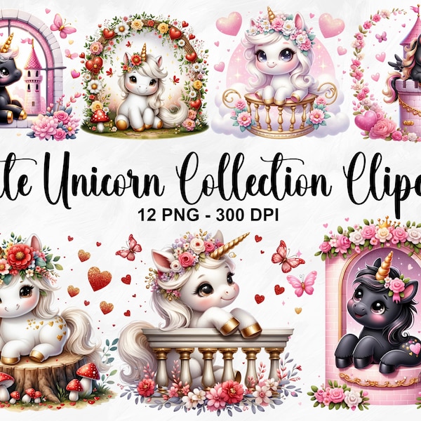 Watercolor Cute Unicorn Collection Clipart, 12 PNG Magic Unicorn Clipart, Princess Unicorn Clipart, Kawaii Unicorn, Commercial Use