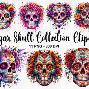 Aquarell Sugar Skull Sammlung Clipart, 11 PNG Floral Sugar Skull Clipart, Sugar Skull Clipart, Tag der Toten PNG, kommerzielle Nutzung
