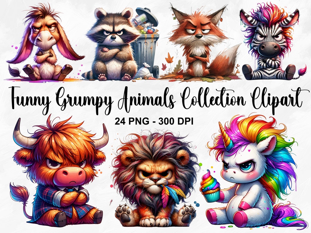 Watercolor Funny Grumpy Animals Collection Clipart, 24 PNG Funny Grumpy ...
