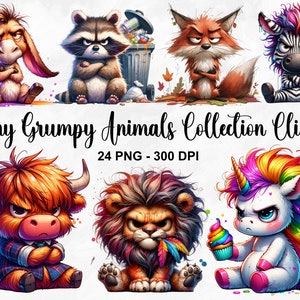 Colección de animales gruñones divertidos en acuarela, 24 imágenes PNG de animales de safari gruñones divertidos, paquete de impresiones de mascotas de dibujos animados, uso comercial