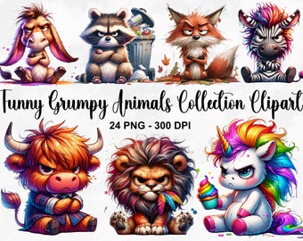 Collezione di Clipart di animali divertenti e scontrosi ad acquerello, 24 PNG Clipart di animali da safari divertenti e scontrosi, Pacchetto di stampe di animali domestici dei cartoni animati, Uso commerciale