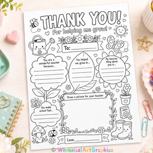 Puede incluir: Tarjeta de agradecimiento imprimible en blanco y negro para profesores, con secciones para rellenar e ilustraciones de una abeja, una regadera, flores y botas. El texto incluye "THANK YOU!" y "For helping me grow!"