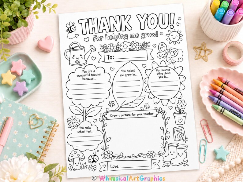 Puede incluir: Tarjeta de agradecimiento imprimible en blanco y negro para profesores, con secciones para rellenar e ilustraciones de una abeja, una regadera, flores y botas. El texto incluye "THANK YOU!" y "For helping me grow!"