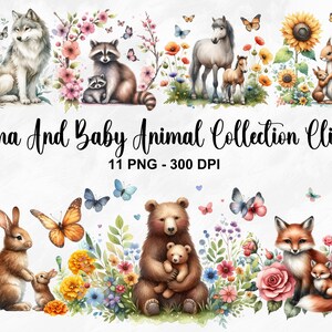 Aquarelle maman et bébé des cliparts animaux, 11 PNG printemps des animaux de la forêt des cliparts, des cliparts bébés animaux, animal mignon PNG, usage Commercial
