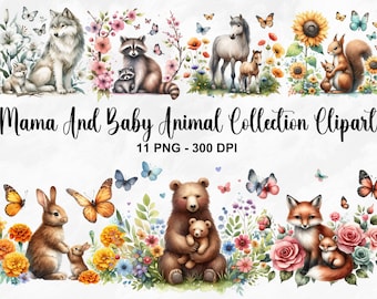 Watercolor Mama And Baby Animal Clipart, 11 PNG Spring Woodland Animals Clipart, Baby Animals Clipart, Cute Animal PNG, Commercial Use