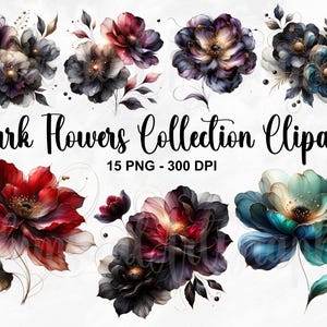 Dark Flowers PNG Clipart Bundle, 15 PNG Flower Clipart, Black Flower Clipart, Flower Png, Black Flowers Png, Floral Graphics, Commercial Use