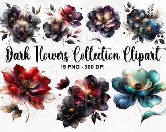 May include: A collection of 15 digital clipart images featuring dark, watercolor-style flowers in various colors, including red, blue, purple, and black. The flowers are arranged in bouquets and individual blooms.  Dark Flowers Collection Clipart 15 PNG - 300 DPI