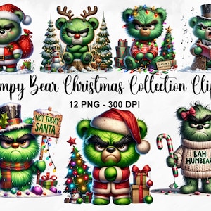 Aquarell Grumpy Bear Weihnachtskollektion Clipart, 12 PNG Weihnachtscliparts, lustiger mürrischer Bär Clipart, Weihnachtsbär PNG, kommerzielle Nutzung