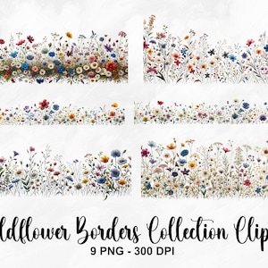 Clipart de bordas de flores silvestres em aquarela, 9 clipart de flores silvestres PNG, clipart de flores silvestres de primavera, clipart de borda de flores, uso comercial