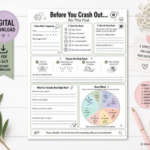 Arbetsblad Innan du kraschar ihop, utskrivbart känslomässigt regleringsarbete, återställning av egenvård, copingfärdigheter, ångest och stresslindring i PDF-format för tonåringar och vuxna bild 3