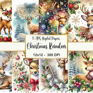 May include: A set of 15 digital papers with watercolour illustrations of Christmas reindeer. Each design features a reindeer with festive decorations, set against snowy backgrounds with ornaments and candy canes. The text "Christmas Reindeer" is displayed.