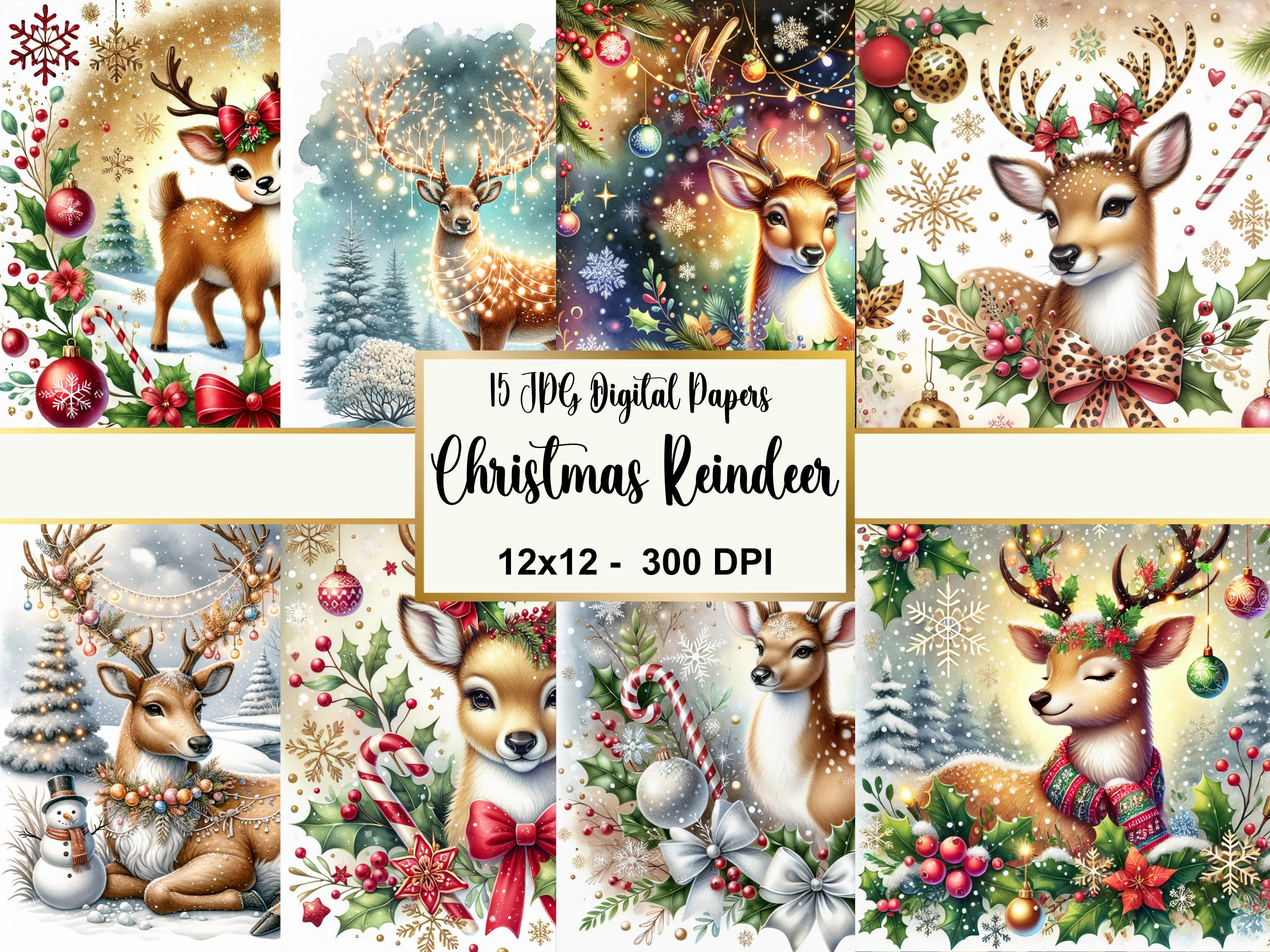 Watercolor Christmas Digital Paper, Holiday Scrapbook Papers, Woodland Reindeer, Printable Christmas Digital Papers, Card Making, Ephemera