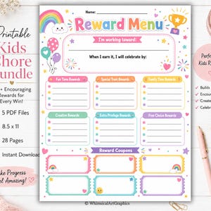 May include: A printable reward menu chart featuring a colorful design with a rainbow, balloons, and a trophy. The document includes sections for goals, celebration plans, and various reward categories like fun time, treats, and coupons.