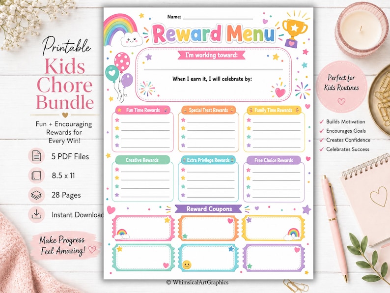 May include: A printable reward menu chart featuring a colorful design with a rainbow, balloons, and a trophy. The document includes sections for goals, celebration plans, and various reward categories like fun time, treats, and coupons.