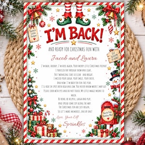 May include: A rectangular Christmas sign featuring red and white striped borders, elf legs at the top, and the text I'M BACK! AND READY FOR CHRISTMAS FUN WITH Jacob and Laura. It includes a poem, a snowman, a red mailbox, and gift boxes.