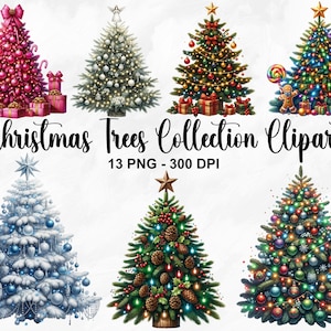 Clipart della collezione di alberi di Natale ad acquerello, 13 clipart di alberi di Natale PNG, illustrazioni di Natale, immagini festive, uso commerciale