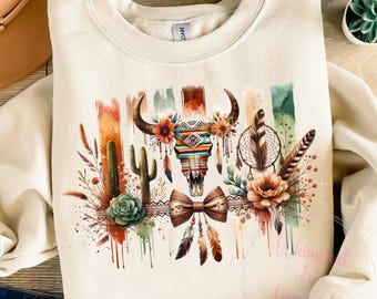 Rustic Bull skull PNG, Western PNG, Western Sublimation, Floral Cow Skull Png, Boho Png, Southwestern Png, Coquette Bow Png, Commercial use